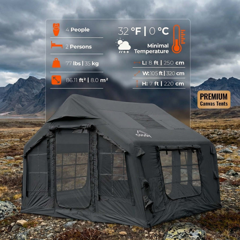 Coody 8.0 Inflatable Tent Gray - Quick Setup 4-Season Camping Tent with Stove Jack