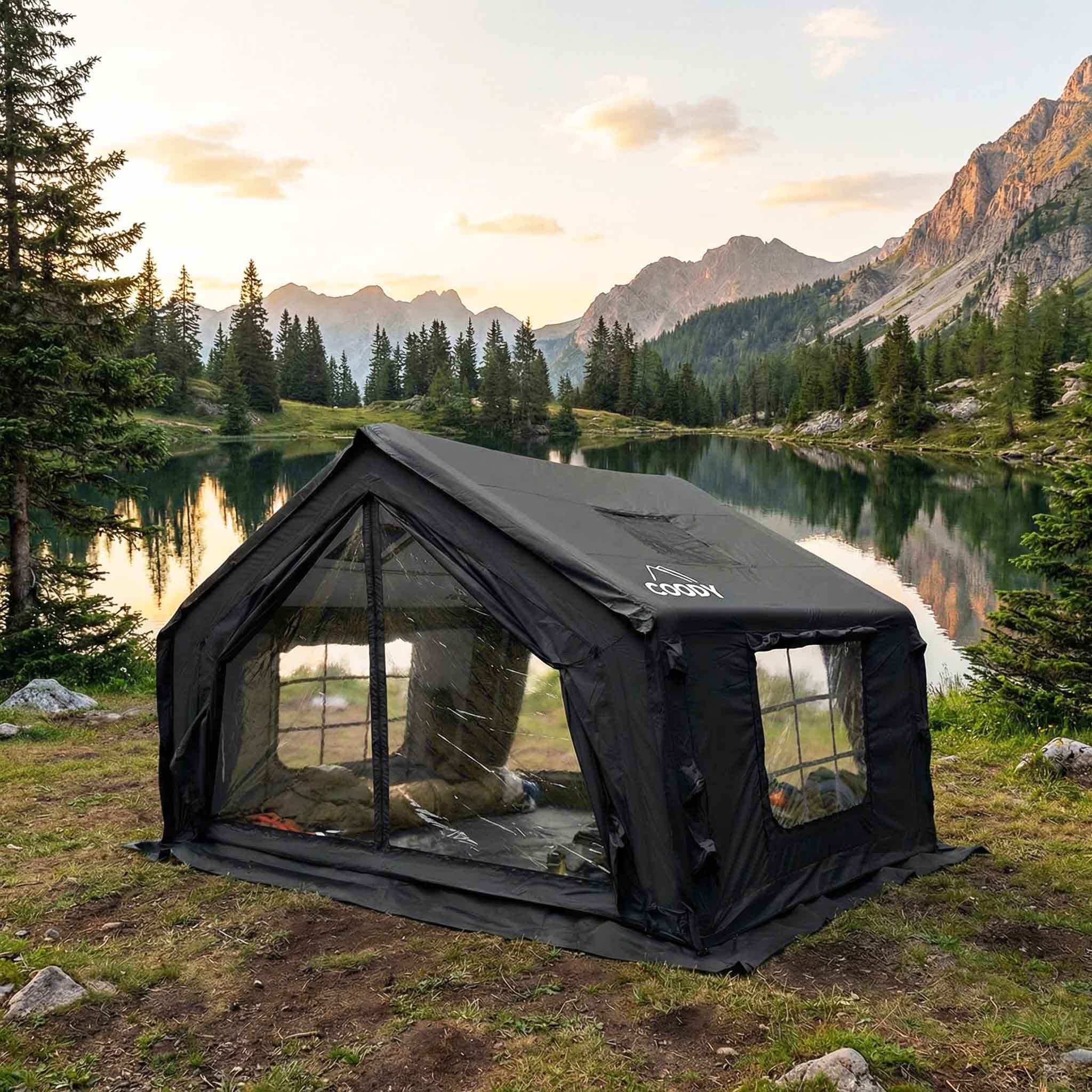 Coody 10.0 Inflatable Tent Black - Quick Setup 4-Season Camping Tent with Stove Jack