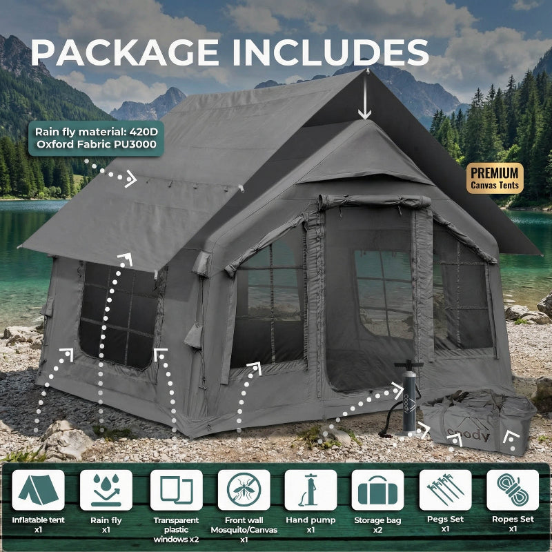 Coody 8.0 Inflatable Tent Gray - Quick Setup 4-Season Camping Tent with Stove Jack