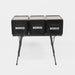 Black 'BOXIO' storage crates on a stand against a white background