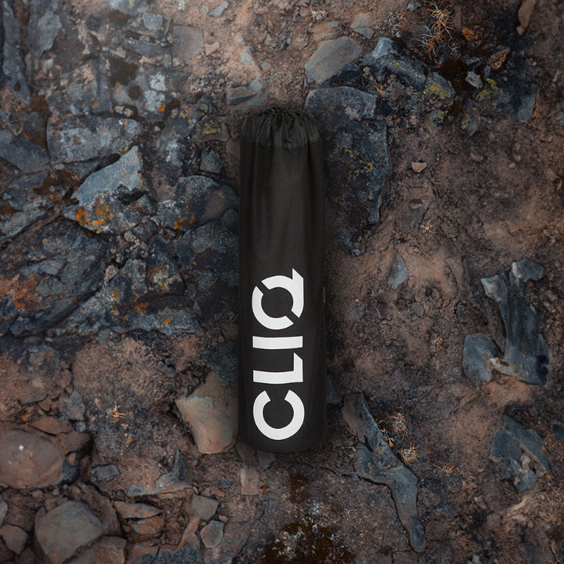 Black CLIQ EpiQ pouch showing packed size on a rocky surface