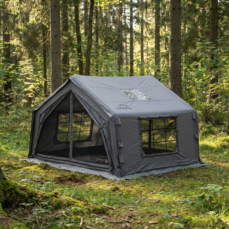 Coody 10.0 gray inflatable camping tent side view showing house-style walls in outdoor setting