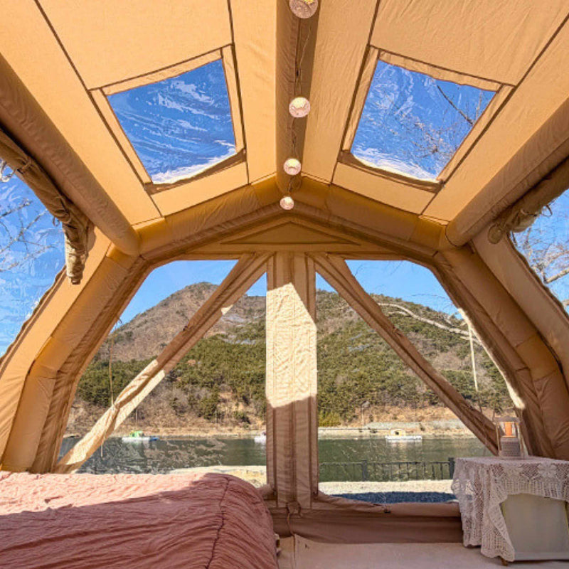 Coody 10.0 Pro inflatable tent in beige features integrated air frame.