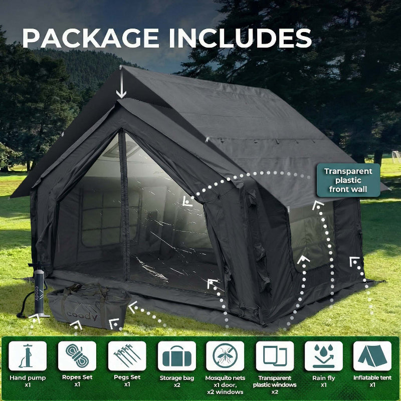 Coody 10.0 inflatable tent detailing what's included mosquito nets, rain fly, storage bag, and more