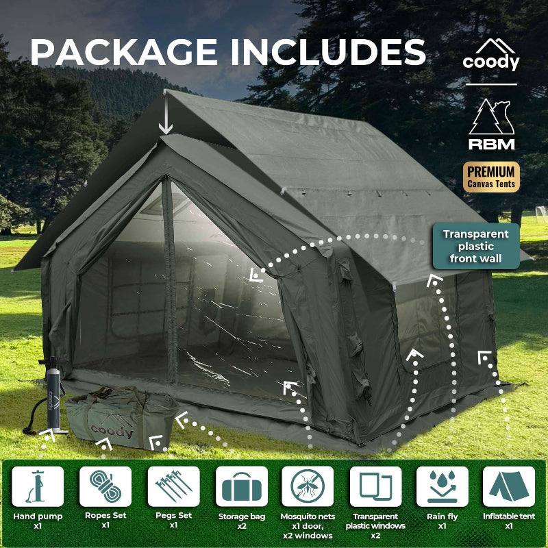 Coody 10.0 Inflatable Tent Forest Green - Quick Setup 4-Season Camping Tent with Stove Jack