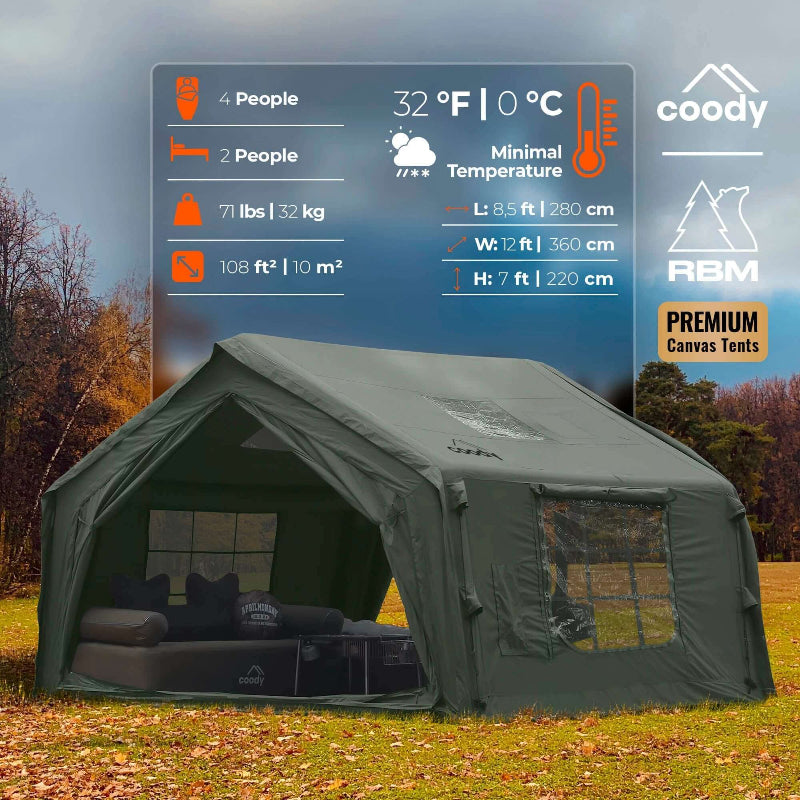 Coody 10.0 Inflatable Tent Forest Green - Quick Setup 4-Season Camping Tent with Stove Jack