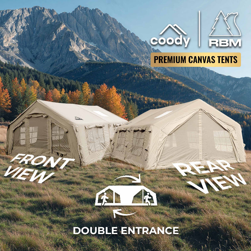 Coody 17.2 Beige Inflatable Camping Tent showing double entrance feature.
