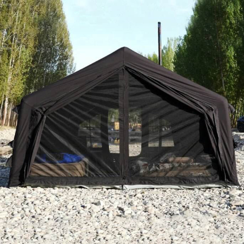 Coody 17.2 Koala-7 black inflatable tent rear view of mesh door option with stove pipe.
