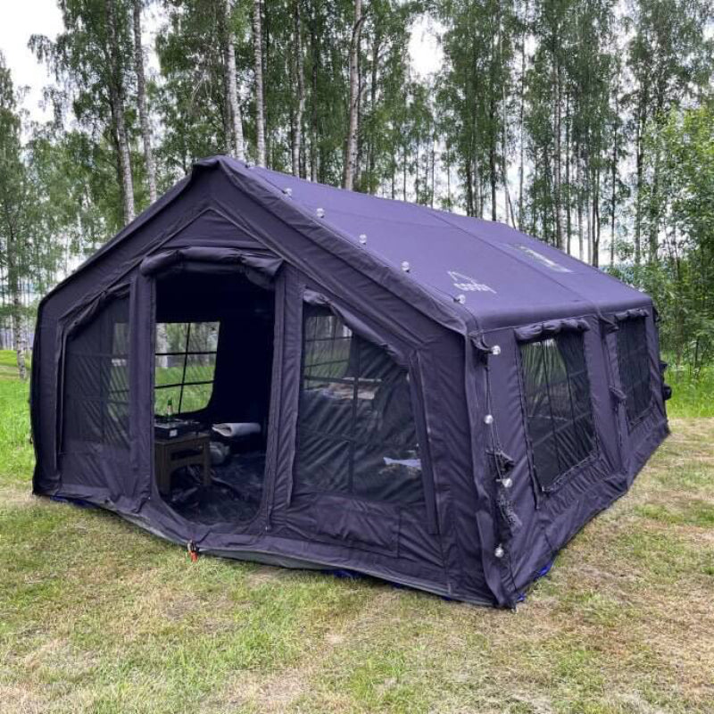 Coody 17.2 large black inflatable tent front and side view with mesh windows.