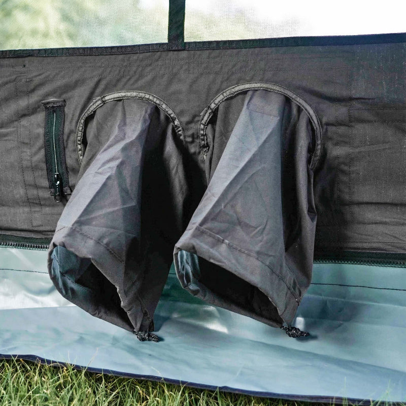 Coody 17.2 gray inflatable tent closeup of built-in air conditioner ports external view.