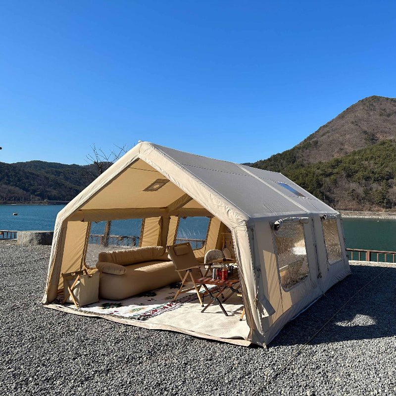 Coody 17.2 Koala-7 beige inflatable tent rear view with furniture.