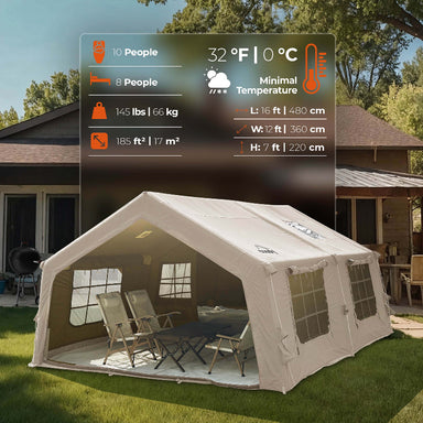 Coody 17.2 Koala 7 Beige Inflatable Camping Tent with specifications and furniture.