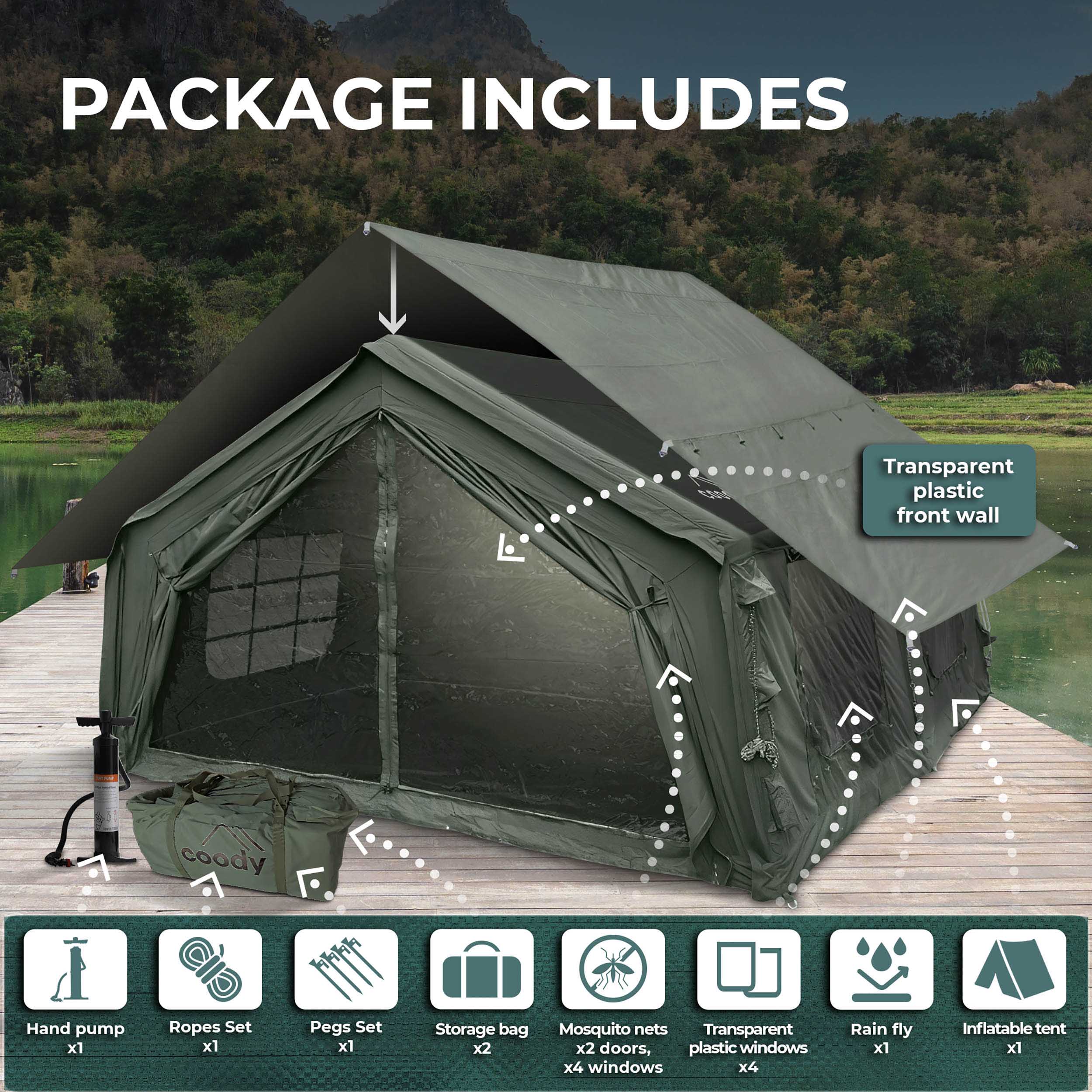 Coody 17.2 Forest Green Inflatable Camping Tent showing what is included in the package.