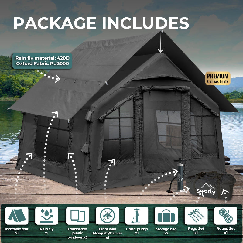 Coody 8.0 Inflatable Tent Black - Quick Setup 4-Season Camping Tent with Stove Jack