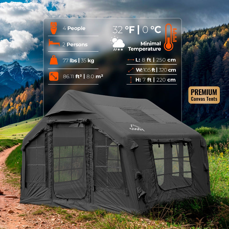 Coody 8.0 Inflatable Tent Black - Quick Setup 4-Season Camping Tent with Stove Jack