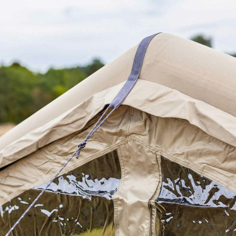 Coody AirTarp Inflatable Canopy in forest green with closeup of guy line.