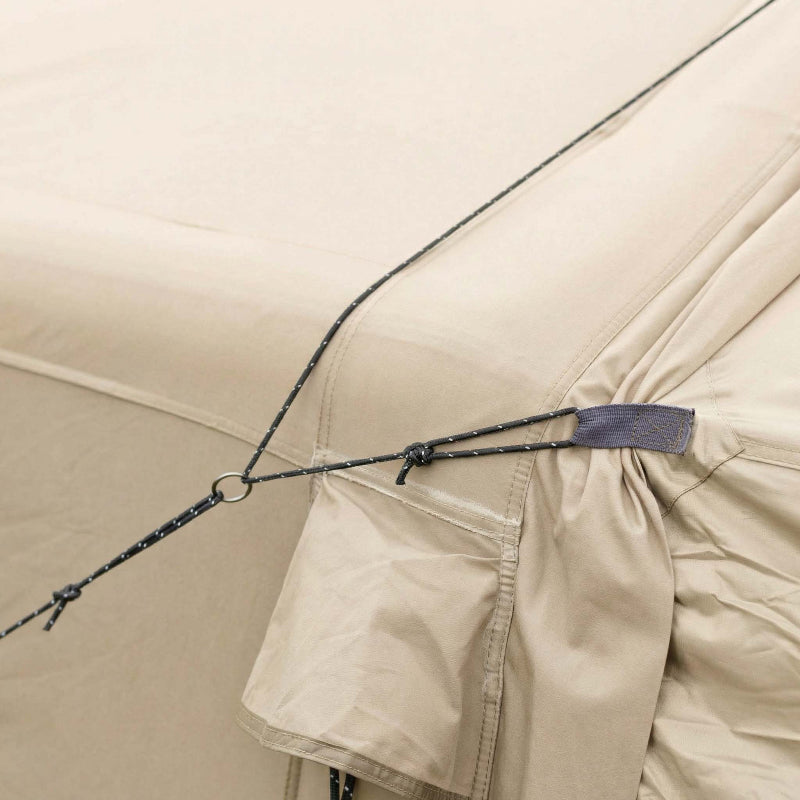 Coody AirTarp Inflatable Canopy in beige closeup of guy line.