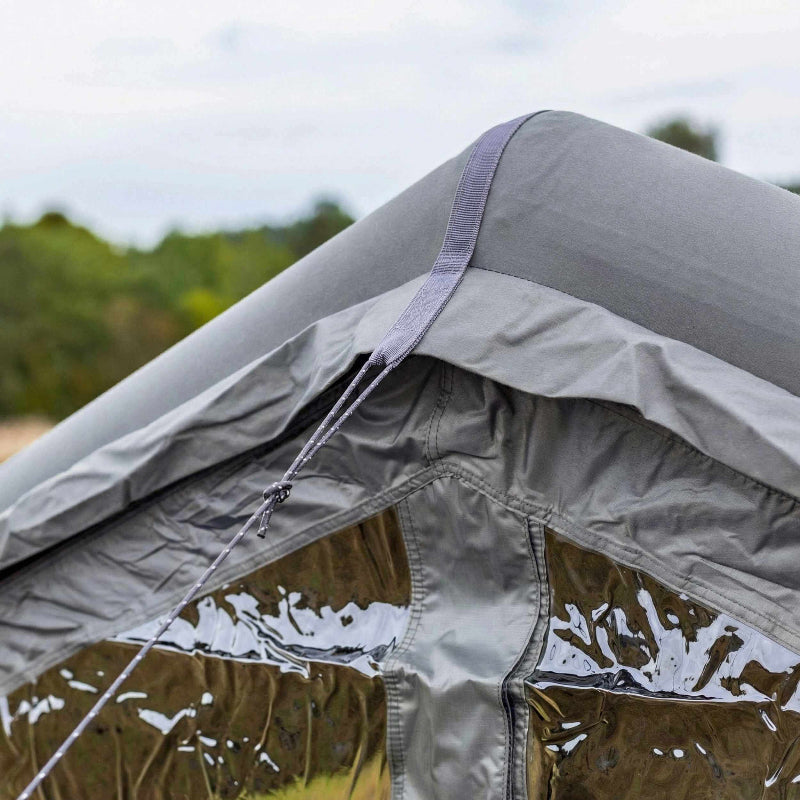 Coody AirTarp Inflatable Canopy in gray with closeup of front guy line.