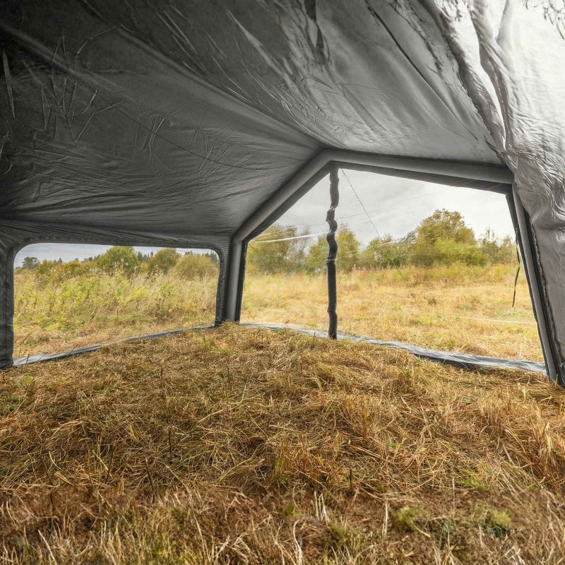 Coody AirTarp gray inflatable canopy interior angled view.