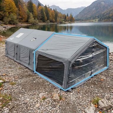 Coody AirTarp Inflatable Canopy in gray exterior view near body of water.