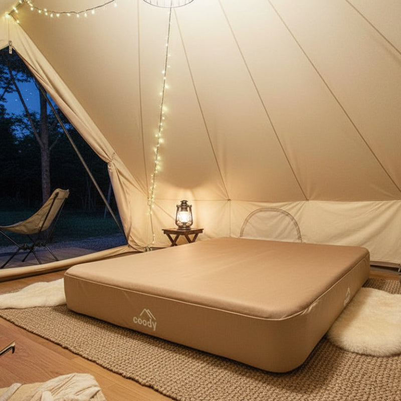 Coody Air Mattress King in beige inside glamping tent