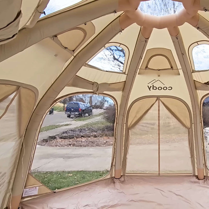 Coody Aurora Inflatable Dome Tent in beige interior view of waterproof floor, windows and skylight.