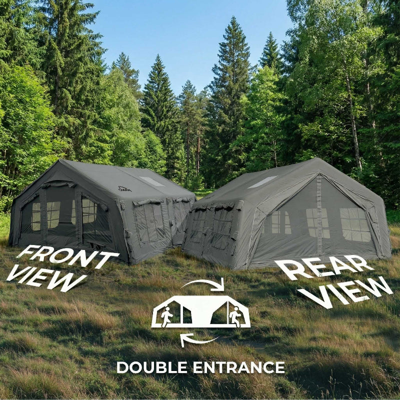 Coody Familia 13.6 gray air tent's end doors fully open to provide excellent airflow