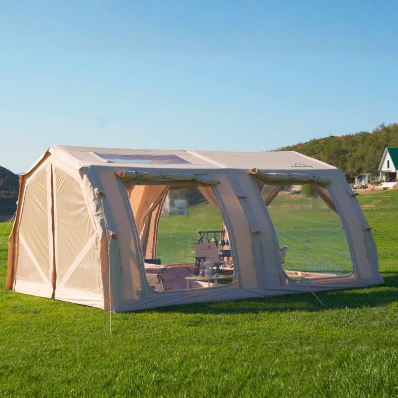 Coody Familia AirTent 17.2 Pro beige side view of mesh windows and doors on grass.