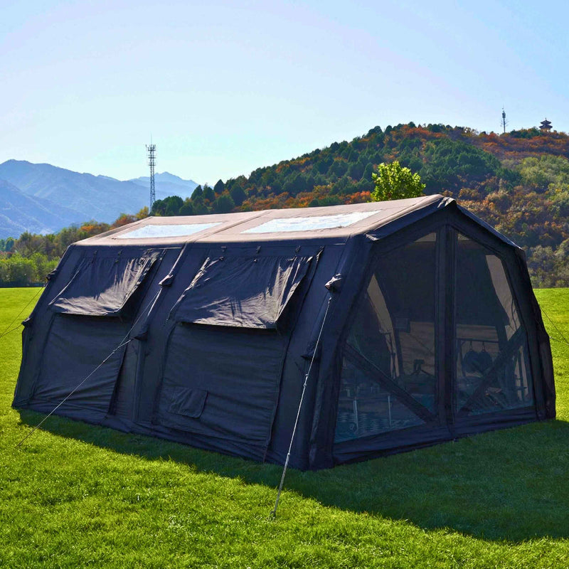 Coody Familia AirTent 17.2 Pro black inflatable glamping tent exterior view from side and front.