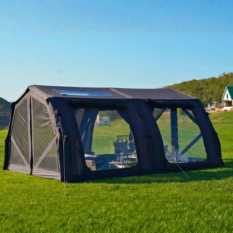 Coody Familia AirTent 17.2 Pro black side view of mesh windows and doors on grass.