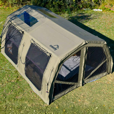 Coody Familia AirTent 17.2 Pro forest green inflatable camping tent exterior view on grass.