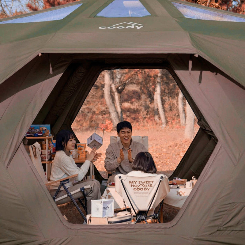 Coody Hub Pro  Inflatable Tent boasts two, large, removable hexagonal windows