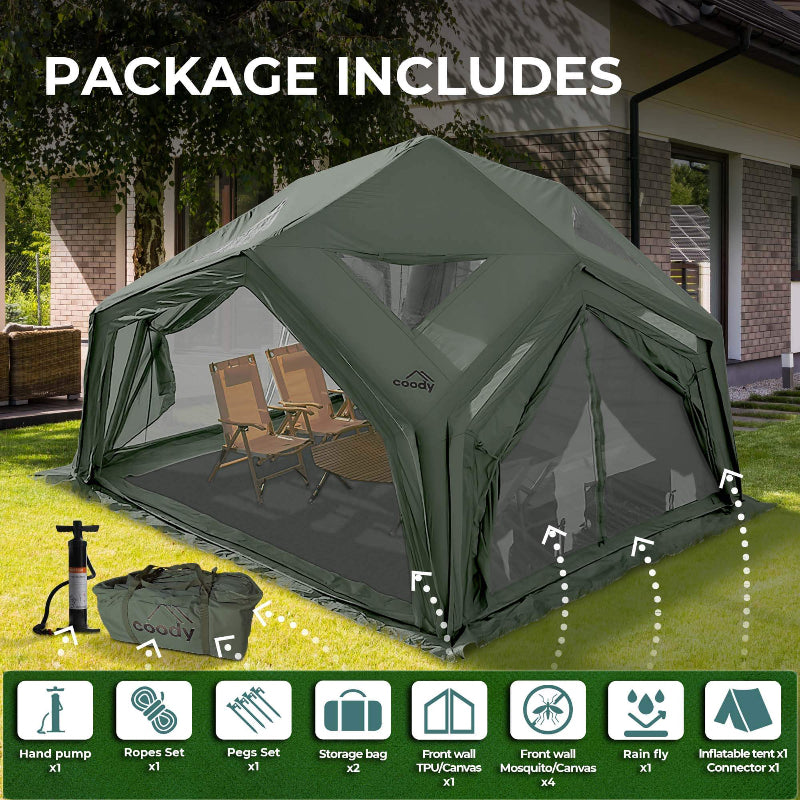 Coody Hub Shelter includes hand pump, rain fly, storage bag and more