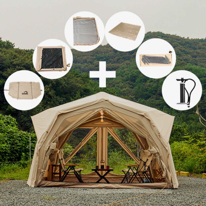 Coody Hub Shelter Pro beige inflatable tent hub with what's included in the package.