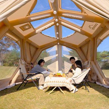 Coody Hub Shelter Pro beige inflatable tent interior view of distinctive leaf-shaped TPU ceiling window.