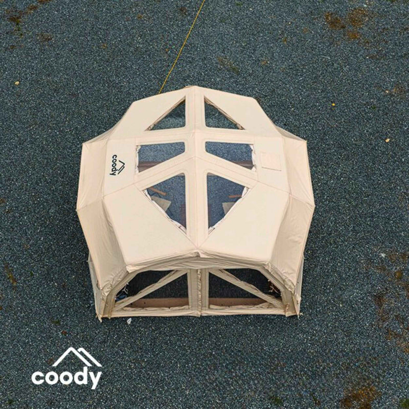 Coody Hub Shelter Pro beige inflatable tent view of leaf-shaped TPU ceiling windows from above.