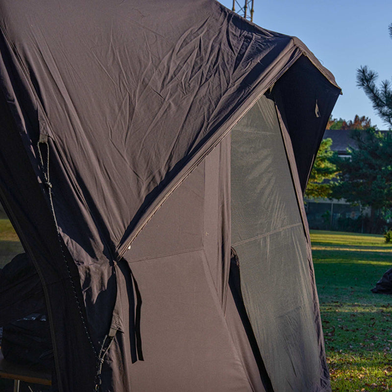 Coody Hub Shelter Pro black exterior view of window awning.
