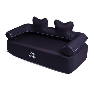 Coody inflatable camping couch in black, with built-in electric pump.
