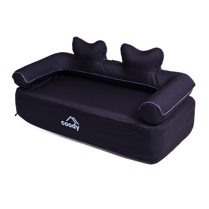 Coody inflatable camping couch in black, with built-in electric pump.