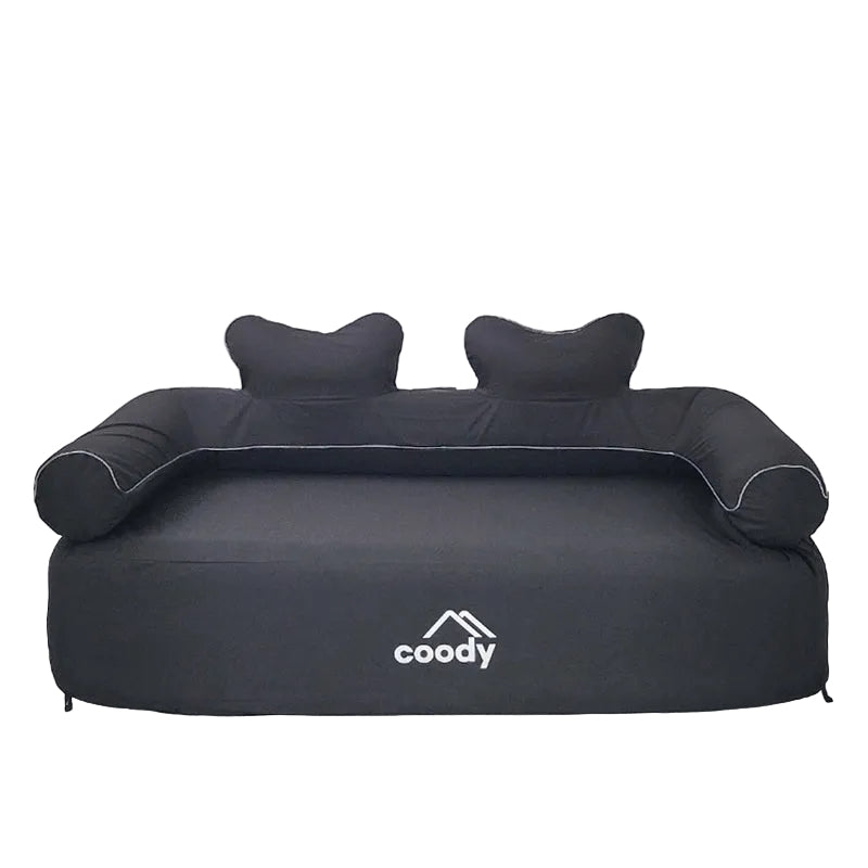Coody glamping couch in black, has removable outer cover.