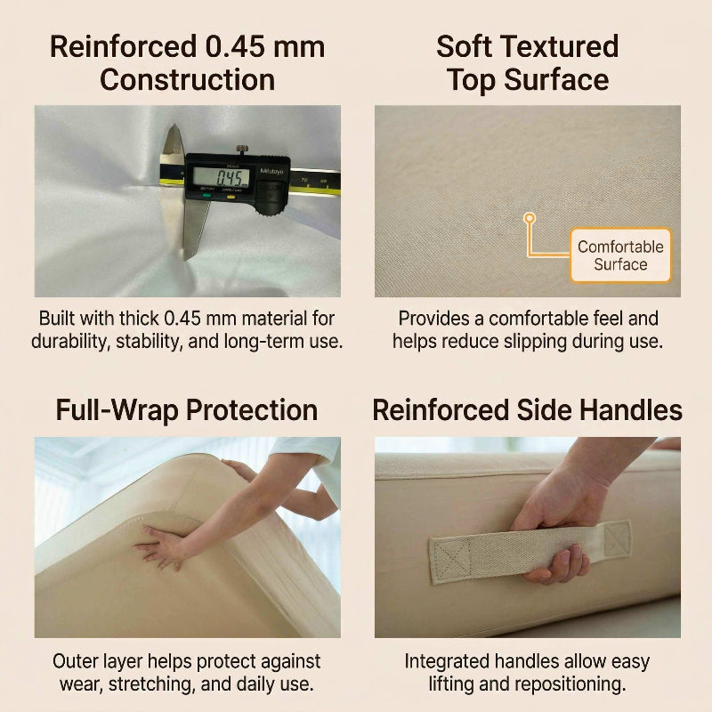 Coody air mattress twin XL in beige features including reinforced construction, soft textured top surface, full-wrap protection, and reinforced side handles.
