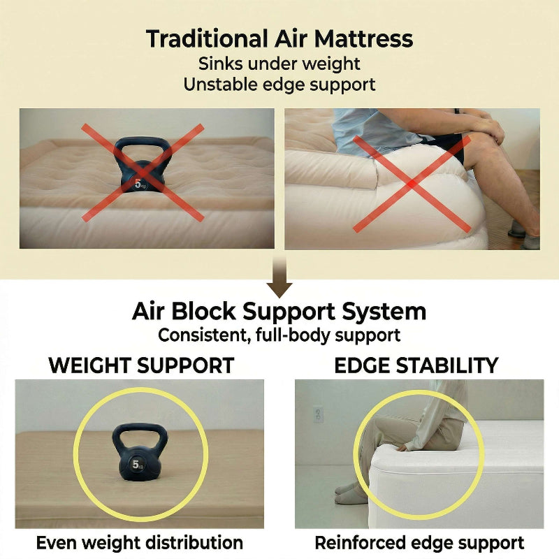 Comparison of traditional air mattress with Coody air mattress air block support system highlighting weight support and edge stability.