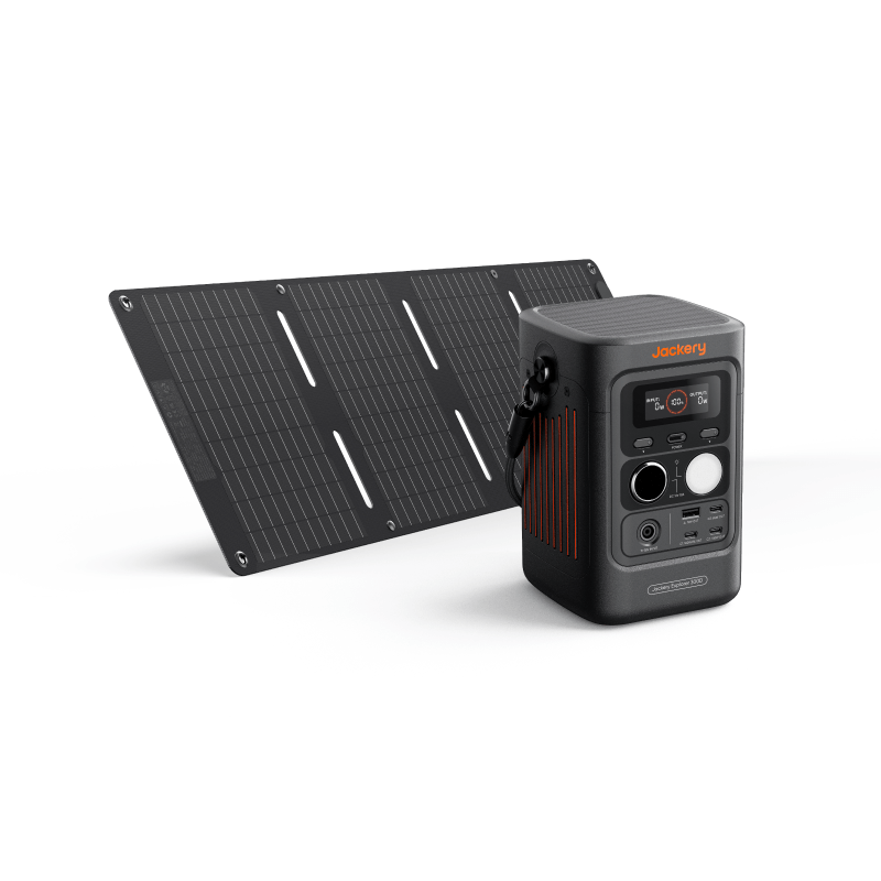 Jackery Explorer 300D compact portable power station with a solar panel on a white background