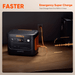 Jackery Explorer 1000 v2  emergency power station with cable plugged into a wall socket on a wooden surface.