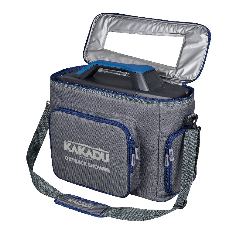 Kakadu Outback Shower Carry Bag boasts an ergonomic carry slot – handle pops through the top for easy carrying