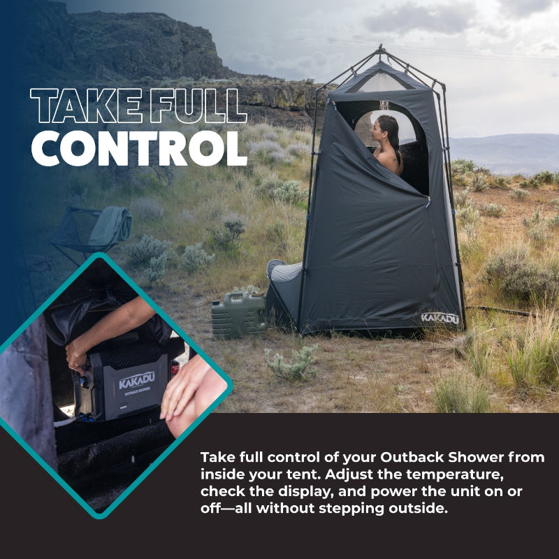 Kakadu Outback Shower Tent allows full control of your Outback Shower from inside your tent