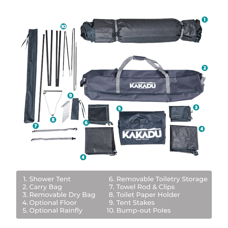 Kakadu Outback Shower Tent Deluxe includes a carry bag, towel rod and clips, and more