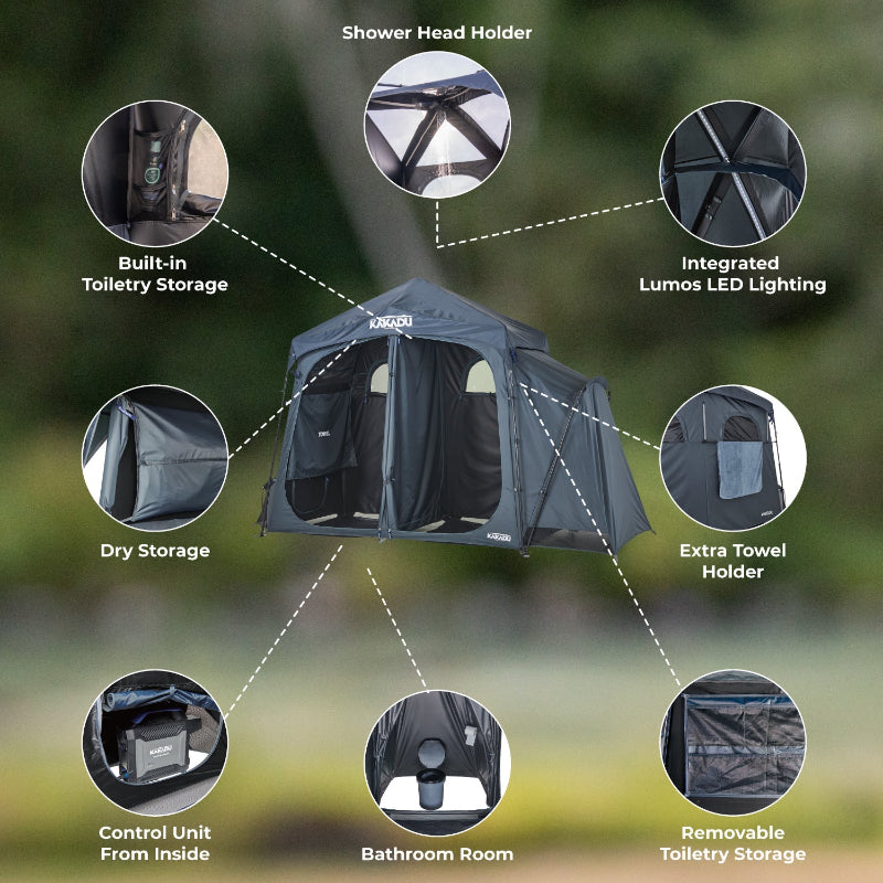 Kakadu Outback Shower Tent Deluxe includes Integrated Lumos LED lighting, bathroom room, and more.