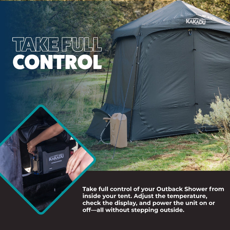 Kakadu Outback Shower Tent Deluxe allows easy access to Outback Shower controls from inside the tent