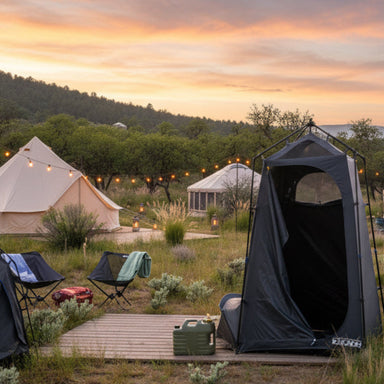 Kakadu Outback Shower Tent built for rugged conditions, with an optional rain fly, guy ropes, and stakes for extra stability 